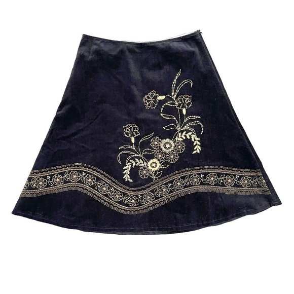 Willi Smith Black Corduroy Embroidered A-Line Short Skirt Gold Floral Stitching - Picture 1 of 8